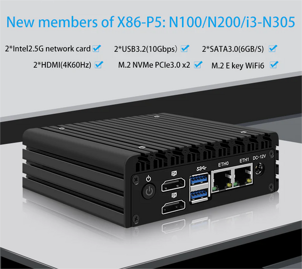 X86 P5 SUPER MINI ROUTER TWELFTH GENERATION INTEL N100 DDR5 4800MHZ FIREWALL PC 2X I226-V 2.5G LAN SEND TWO SATA CABLES