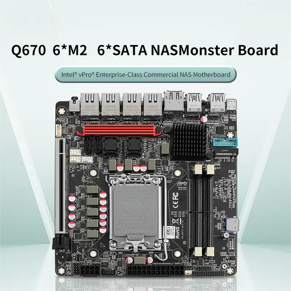 Q670 4x Intel 2.5G Ethernet port 8-bay NAS motherboard for Intel 12/13/14 generation CPU | 3x M.2 NVMe | 8x SATA3.0 | HDMI+DP 4K@60Hz vPro Enterprise-class Commercial NAS